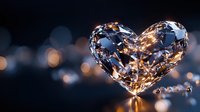 Crystal heart-shaped diamond with warm golden light reflections on dark background with bokeh effects for luxury jewelry and romantic occasions.