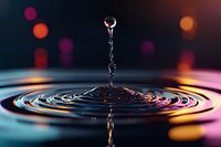 Water droplet creating ripples with colorful bokeh lights reflecting on surface, macro photography capturing motion and fluid dynamics in artistic style.