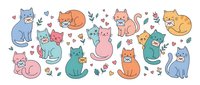 Cute cartoon cats collection with colorful kittens in different poses and expressions. Adorable feline characters with hearts and floral elements on white background.