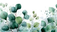Watercolor eucalyptus leaves and branches in soft green tones on white background, creating a delicate botanical composition for wedding invitations or home decor.