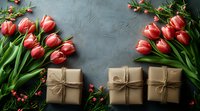 Fresh red tulips frame kraft paper wrapped gifts on dark textured background, creating romantic spring holiday composition with natural floral elements and rustic presents.