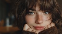 Close-up portrait of young woman with blue eyes and freckles, resting chin on hand while wearing brown knit sweater in warm indoor lighting.