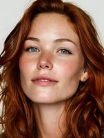 Young Caucasian woman with auburn hair and freckles looking at camera with natural makeup and glowing skin for beauty and skincare concepts.