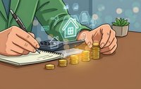 Businessman calculating green energy investment costs with coins and eco-friendly house icons for sustainable finance planning and renewable energy budgeting.