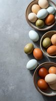 Fresh farm eggs in various natural colors displayed in rustic wooden bowls on gray stone surface for organic cooking and healthy breakfast preparation.