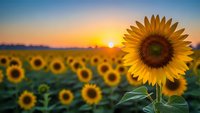 Bright sunflower blooms in golden field during stunning sunrise with warm orange sky and blurred flower background for summer agriculture concepts.