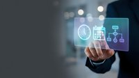 Businessman hand touching digital interface with clock, analytics, and connected icons on holographic display for time management and business solutions.