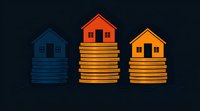 Small houses standing on stacks of coins against dark background illustrating real estate investment, property market value and housing costs comparison.