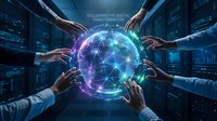 Business team collaborating around glowing digital globe with network connections in modern data center for global technology solutions.