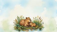 Watercolor capybara family with baby resting among green plants and grass on soft blue sky background for nature wildlife illustration and design projects.