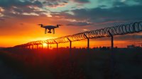 Drone flying over security fence with barbed wire at dramatic sunset. Modern surveillance technology for border control and perimeter monitoring applications.