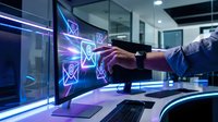 Businessman in blue shirt interacting with glowing neon digital icons on transparent screen in modern office workspace for technology and innovation concepts.