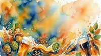Watercolor beer brewing ingredients with hops, barley, wheat and foam on colorful abstract background for oktoberfest celebration and craft brewery designs.