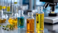 Glass bottles with colorful essential oils and natural extracts in laboratory setting, aromatherapy ingredients on dark surface with green herbs and research equipment.