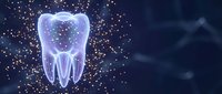 Glowing holographic tooth with sparkling particles on dark blue background for dental care and oral health concepts in medical presentations.
