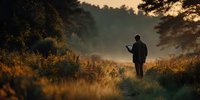 Silhouette of man standing in golden meadow at sunset, reading map or document while surrounded by tall grass and forest backdrop.