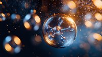 Frozen soap bubble with delicate ice crystals forming intricate patterns against dark background with golden bokeh lights and snowflakes for winter magic concept.