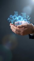 Businessman hands holding glowing digital innovation icons with patents, gears, lightbulb and documents representing intellectual property and technology development.