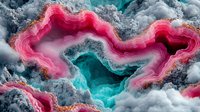 Vibrant pink wavy lines flow through turquoise and gray cloudy abstract background creating dynamic movement and ethereal atmosphere for creative design projects.
