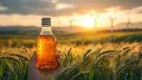 Hand holding bottle of golden liquid against sunset wheat field background, sun rays illuminating amber beverage through transparent container, dramatic rural landscape.