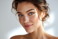 Young woman with natural makeup, glowing skin and striking blue eyes against white background. Soft updo with loose tendrils frames her face.