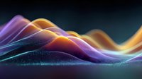 Abstract digital waves in purple and orange glowing against dark background, creating futuristic landscape-like visualization for technology or data concept.