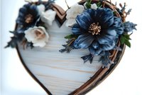 Rustic heart-shaped wreath with navy blue and cream flowers on white wood background for romantic home decor and wedding celebrations.