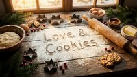 Love and Cookies written in flour on rustic wooden table with cookie cutters, rolling pin, dough, and festive holiday baking ingredients.