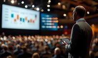 Businessman presenting financial data at corporate conference, holding tablet while audience views charts on large screen in darkened auditorium.