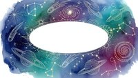 Cosmic watercolor frame with planets, stars and celestial elements on gradient background. Space astronomy border for text and design projects.