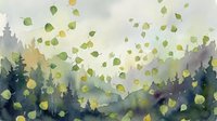 Watercolor forest landscape with falling green leaves creating dreamy autumn atmosphere. Soft brushstrokes depict misty mountains and evergreen trees.