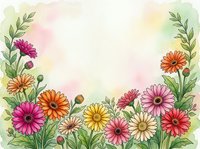 Watercolor floral border with colorful gerbera daisies and green leaves on soft pastel background with copy space for text.