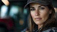 Young athletic woman in baseball cap with confident expression against blurred dark background, natural makeup and casual sporty style.
