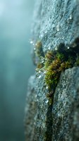 Green moss growing on textured stone wall with water droplets creating natural organic pattern in soft focus atmospheric lighting.
