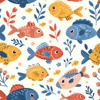 Seamless pattern with colorful cartoon fish and marine plants in coral, navy blue, and yellow tones on white background. Repeatable design for fabric and paper.