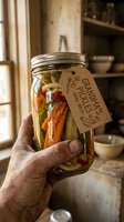 Hand holding mason jar of homemade pickled vegetables with kraft paper label in rustic farmhouse kitchen. Traditional food preservation and canning concept.