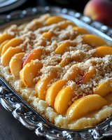 Homemade peach cobbler with sliced fresh peaches arranged on buttery pastry crust topped with cinnamon sugar crumble topping, perfect for bakery, recipe blogs, and dessert menus.