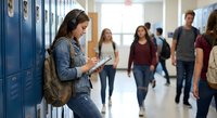 Young Caucasian female student with backpack using smartphone in busy high school hallway with blue lockers and diverse group of teenagers walking.