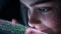 Young woman with glowing green eyes and sparkly pink glitter makeup on face in dramatic close-up portrait against dark background. Artistic beauty concept.