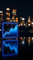 Neon blue financial charts showing upward and downward trends against blurred city skyline at night for business analytics and market performance concepts.