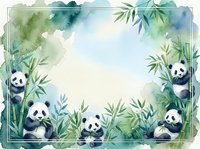 Watercolor panda bears frame with bamboo leaves creating decorative border on white background for greeting cards and nursery decor.