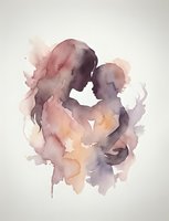 Watercolor silhouette of loving couple embracing in tender moment with soft pink and purple tones on textured paper background for romantic designs.