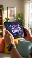 Person holding tablet displaying 404 error page with oops message in modern living room with plants and natural light, suitable for web design, technology, and digital content projects.