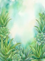 Watercolor succulent plants frame with soft green tones creating botanical border on textured paper background for wedding invitations and stationery.