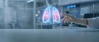 Medical professional examining holographic lung anatomy display in modern healthcare facility for respiratory system diagnosis and treatment planning.