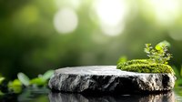 Zen stone with green moss on water surface against blurred natural background with bokeh lights, creating peaceful spa atmosphere.