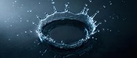 Water splash forming a circular crown shape with droplets suspended in air against dark background, suitable for beverage, cosmetics, and wellness product marketing.
