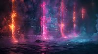 Futuristic cyberpunk urban scene with glowing neon waterfalls cascading down dark walls, creating reflections in wet streets perfect for sci-fi and gaming backgrounds.