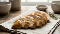 Sliced roasted chicken breast with golden skin on parchment paper, surrounded by ceramic bowls and fresh herbs, ideal for food and culinary content.