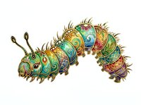 Ornate caterpillar with segmented body featuring intricate gold filigree patterns, jewel tones of emerald, turquoise, and rose, spiky protrusions, isolated on white background for design use.